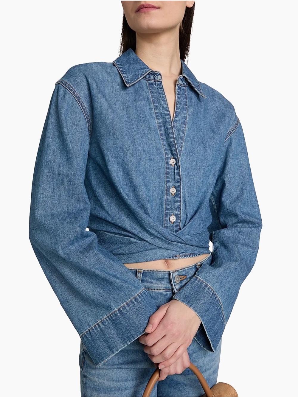 Veronica Beard | Timothy Twist Hem Denim Shirt- Light Blue - Picture 6 of 11